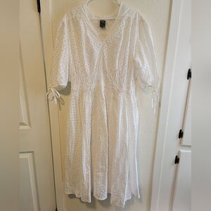 Taylor Tie Elbow Sleeves V-Neck Smocked Waist Cotton Eyelet Midi Dress 16W